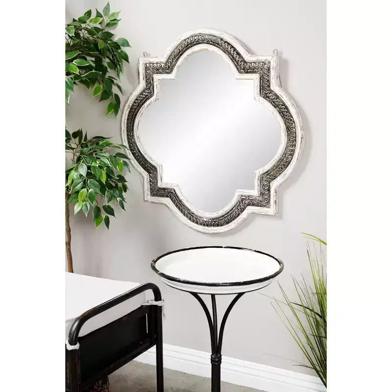 Miroir mural trèfle en bois incrustation de fer baroque blanc, aucun assemblage requis
