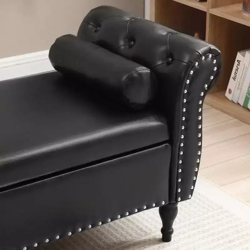 Banc de Rangement en Velours avec Boutons Touffetés et Clous Décoratifs, Pouf de Rangement avec Pieds en Bois et 1 Oreiller, Banc de Rangement de Bout de Lit