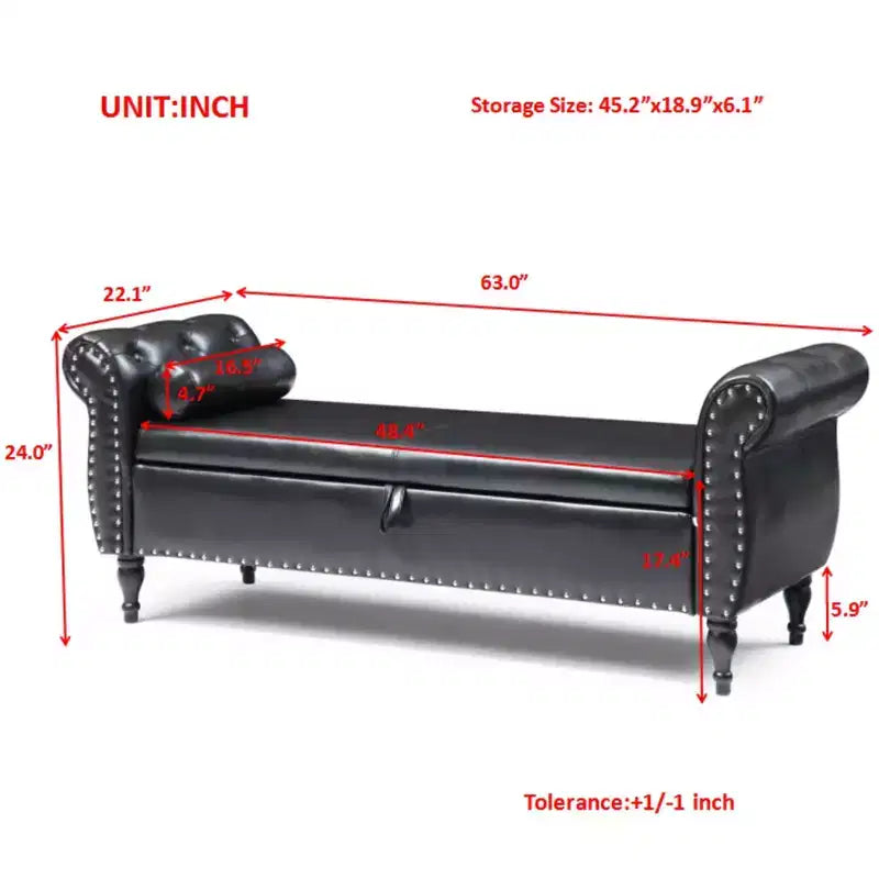 Banc de Rangement en Velours avec Boutons Touffetés et Clous Décoratifs, Pouf de Rangement avec Pieds en Bois et 1 Oreiller, Banc de Rangement de Bout de Lit