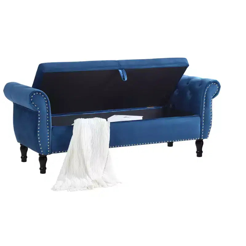 Banc de Rangement en Velours avec Boutons Touffetés et Clous Décoratifs, Pouf de Rangement avec Pieds en Bois et 1 Oreiller, Banc de Rangement de Bout de Lit