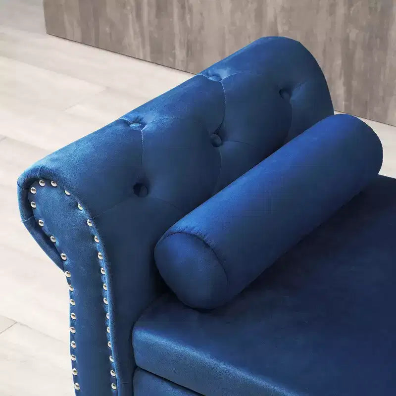 Banc de Rangement en Velours avec Boutons Touffetés et Clous Décoratifs, Pouf de Rangement avec Pieds en Bois et 1 Oreiller, Banc de Rangement de Bout de Lit