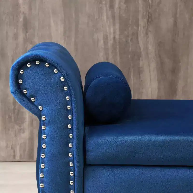 Banc de Rangement en Velours avec Boutons Touffetés et Clous Décoratifs, Pouf de Rangement avec Pieds en Bois et 1 Oreiller, Banc de Rangement de Bout de Lit