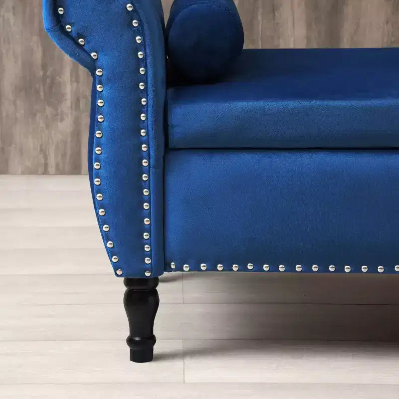 Banc de Rangement en Velours avec Boutons Touffetés et Clous Décoratifs, Pouf de Rangement avec Pieds en Bois et 1 Oreiller, Banc de Rangement de Bout de Lit