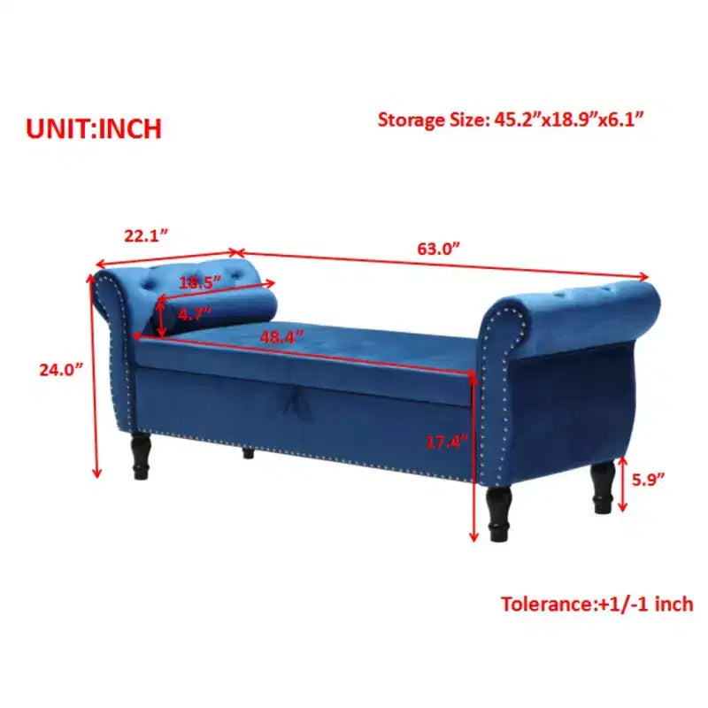 Banc de Rangement en Velours avec Boutons Touffetés et Clous Décoratifs, Pouf de Rangement avec Pieds en Bois et 1 Oreiller, Banc de Rangement de Bout de Lit
