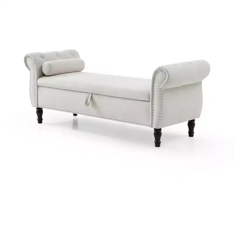 Banc de Rangement en Velours avec Boutons Touffetés et Clous Décoratifs, Pouf de Rangement avec Pieds en Bois et 1 Oreiller, Banc de Rangement de Bout de Lit