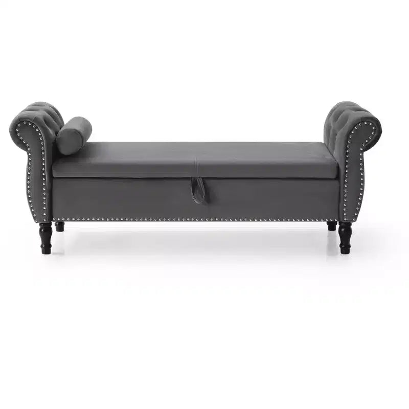 Banc de Rangement en Velours avec Boutons Touffetés et Clous Décoratifs, Pouf de Rangement avec Pieds en Bois et 1 Oreiller, Banc de Rangement de Bout de Lit
