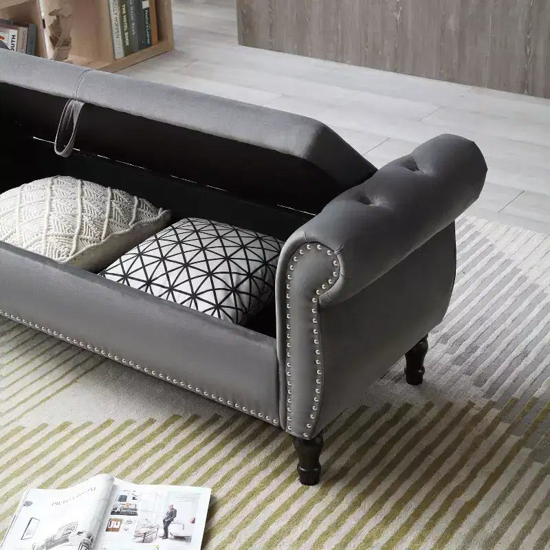Banc de Rangement en Velours avec Boutons Touffetés et Clous Décoratifs, Pouf de Rangement avec Pieds en Bois et 1 Oreiller, Banc de Rangement de Bout de Lit