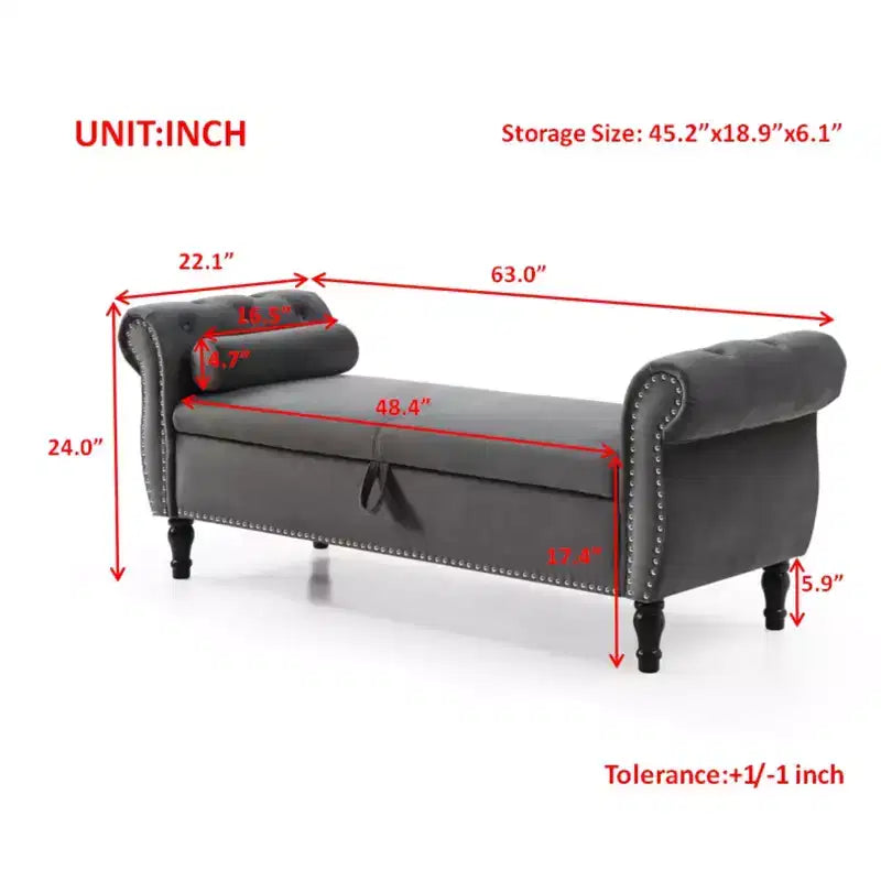 Banc de Rangement en Velours avec Boutons Touffetés et Clous Décoratifs, Pouf de Rangement avec Pieds en Bois et 1 Oreiller, Banc de Rangement de Bout de Lit