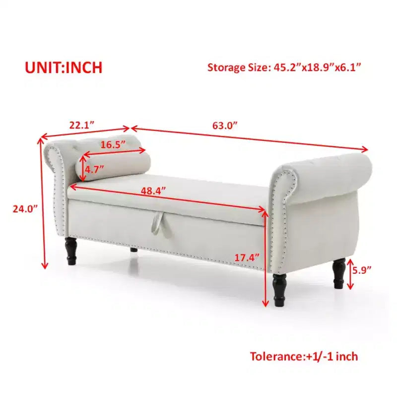 Banc de Rangement en Velours avec Boutons Touffetés et Clous Décoratifs, Pouf de Rangement avec Pieds en Bois et 1 Oreiller, Banc de Rangement de Bout de Lit