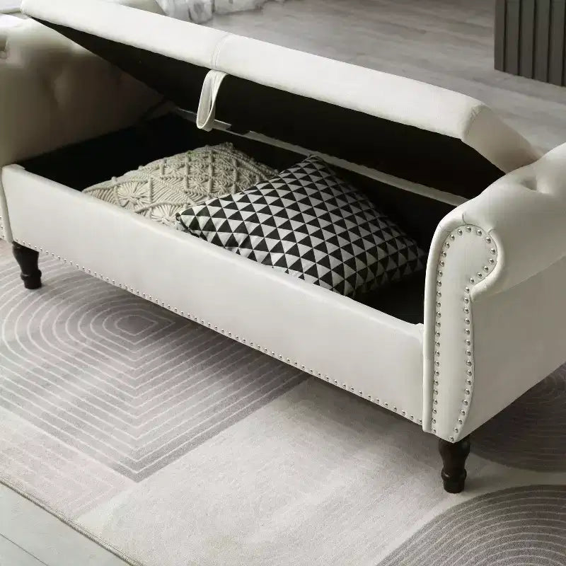Banc de Rangement en Velours avec Boutons Touffetés et Clous Décoratifs, Pouf de Rangement avec Pieds en Bois et 1 Oreiller, Banc de Rangement de Bout de Lit