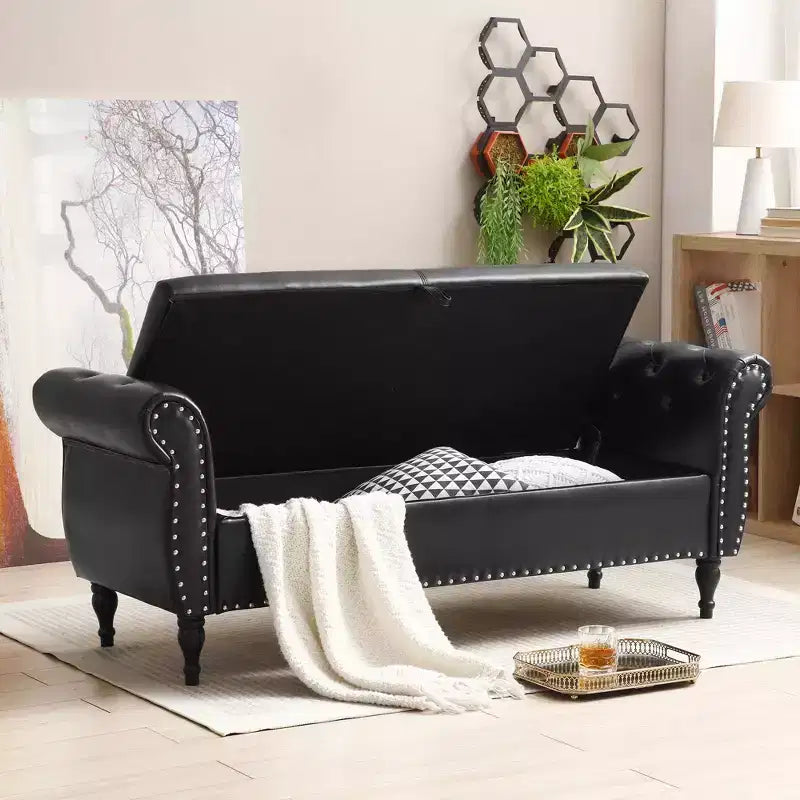 Banc de Rangement en Velours avec Boutons Touffetés et Clous Décoratifs, Pouf de Rangement avec Pieds en Bois et 1 Oreiller, Banc de Rangement de Bout de Lit