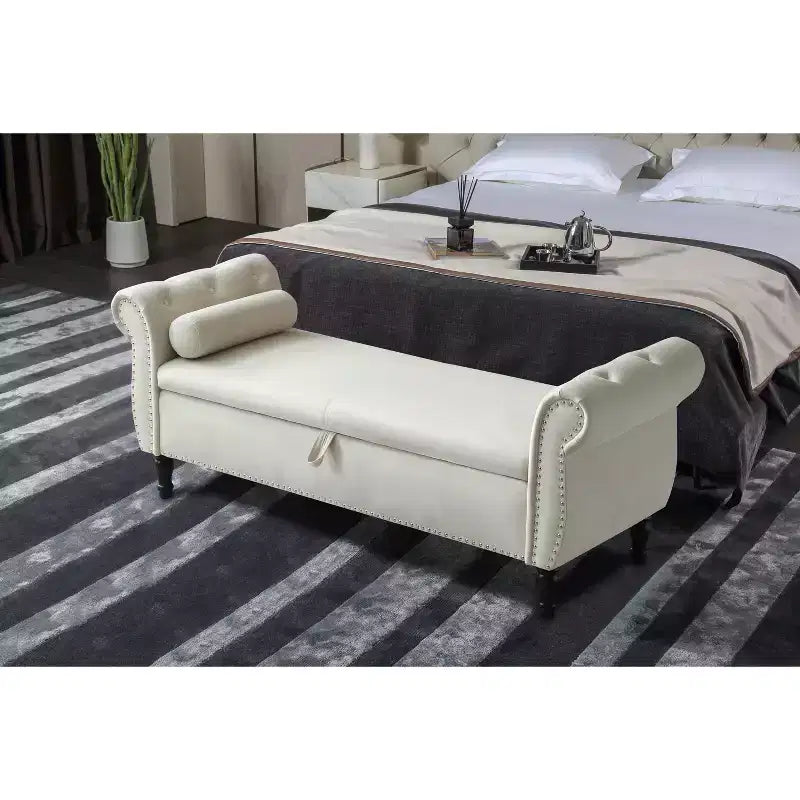 Banc de Rangement en Velours avec Boutons Touffetés et Clous Décoratifs, Pouf de Rangement avec Pieds en Bois et 1 Oreiller, Banc de Rangement de Bout de Lit