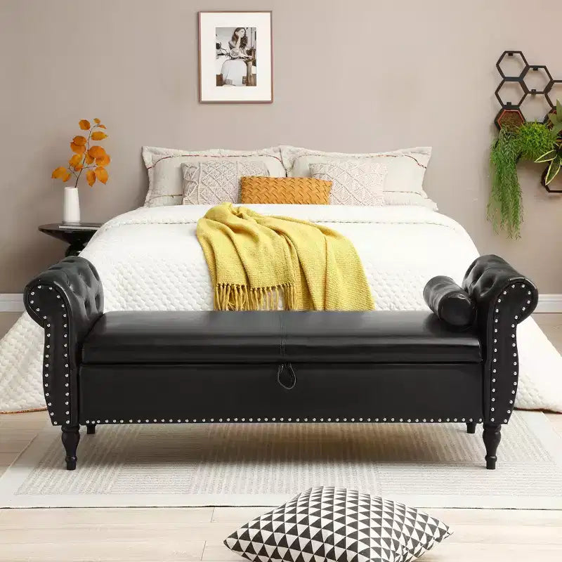 Banc de Rangement en Velours avec Boutons Touffetés et Clous Décoratifs, Pouf de Rangement avec Pieds en Bois et 1 Oreiller, Banc de Rangement de Bout de Lit