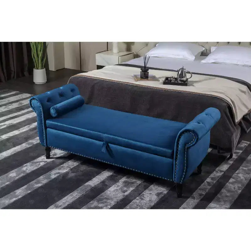 Banc de Rangement en Velours avec Boutons Touffetés et Clous Décoratifs, Pouf de Rangement avec Pieds en Bois et 1 Oreiller, Banc de Rangement de Bout de Lit