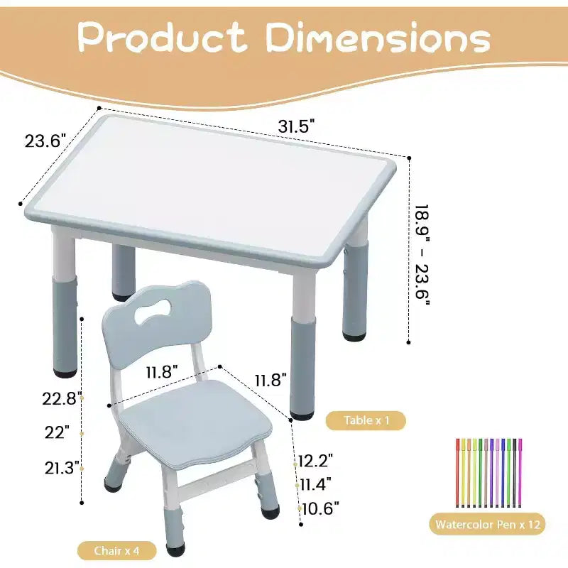Table enfant avec chaise, réglable en hauteur, avec plateau en graphite, table enfant avec 4 chaises pour maternelle crèche, chaise ergonomique