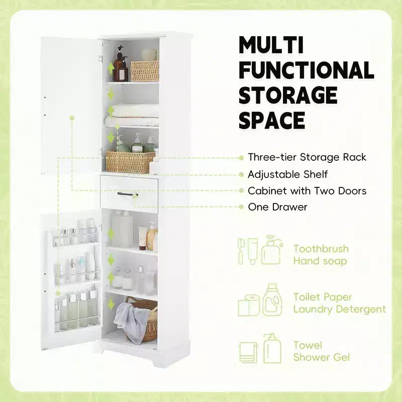 Meuble haut de rangement de salle de bain, Armoire de rangement sur pied avec 2 portes, un tiroir et une étagère réglable