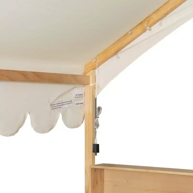 Cadre de lit en bois pleine taille au ras du sol, lit de repos en forme de maison avec clôture, 3 étagères de rangement, rideau