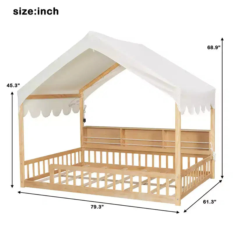 Cadre de lit en bois pleine taille au ras du sol, lit de repos en forme de maison avec clôture, 3 étagères de rangement, rideau