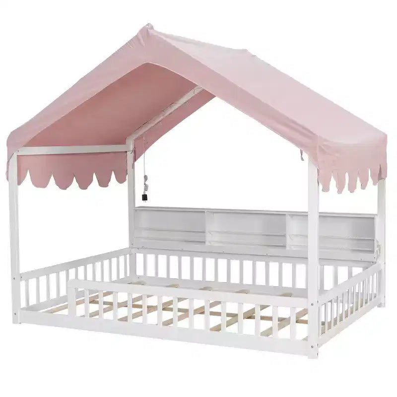 Cadre de lit en bois pleine taille au ras du sol, lit de repos en forme de maison avec clôture, 3 étagères de rangement, rideau