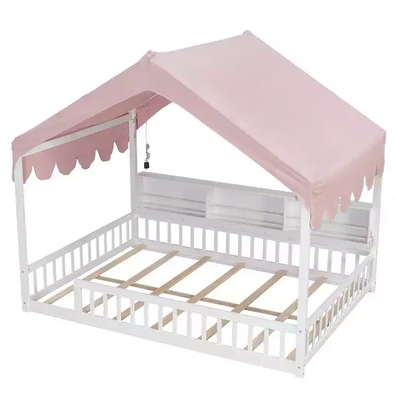 Cadre de lit en bois pleine taille au ras du sol, lit de repos en forme de maison avec clôture, 3 étagères de rangement, rideau