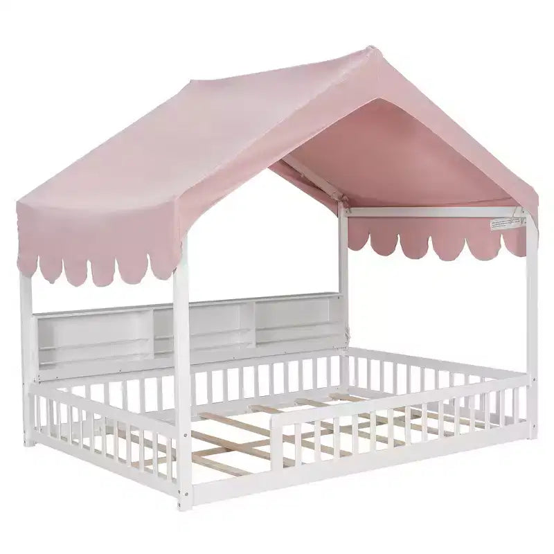 Cadre de lit en bois pleine taille au ras du sol, lit de repos en forme de maison avec clôture, 3 étagères de rangement, rideau
