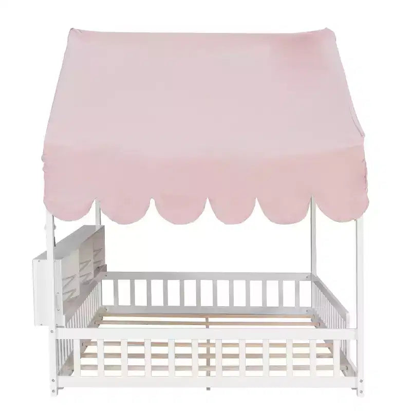 Cadre de lit en bois pleine taille au ras du sol, lit de repos en forme de maison avec clôture, 3 étagères de rangement, rideau