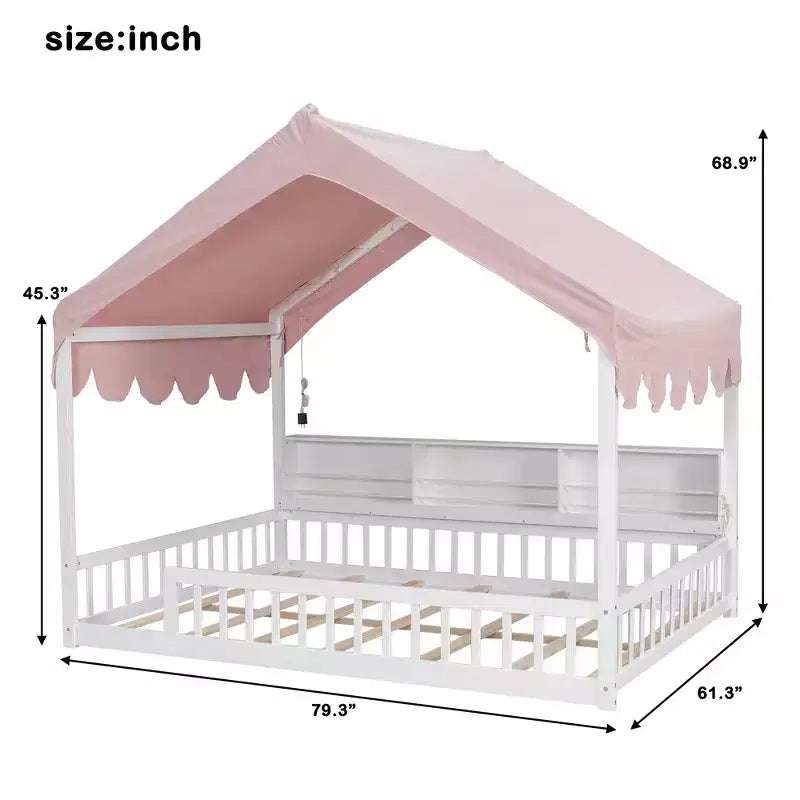 Cadre de lit en bois pleine taille au ras du sol, lit de repos en forme de maison avec clôture, 3 étagères de rangement, rideau