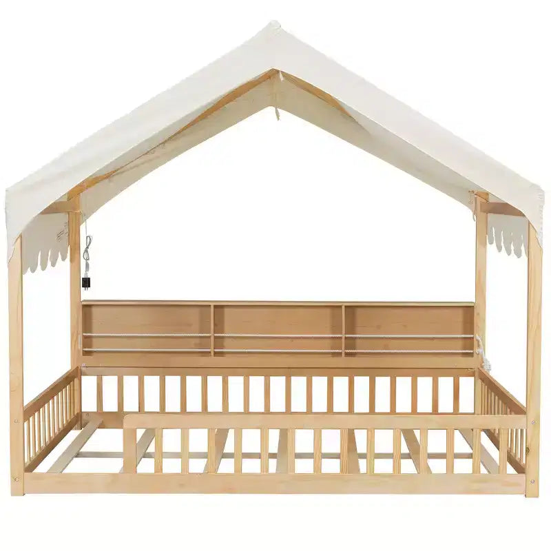 Cadre de lit en bois pleine taille au ras du sol, lit de repos en forme de maison avec clôture, 3 étagères de rangement, rideau