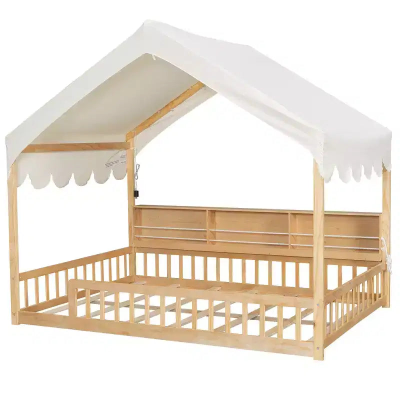 Cadre de lit en bois pleine taille au ras du sol, lit de repos en forme de maison avec clôture, 3 étagères de rangement, rideau