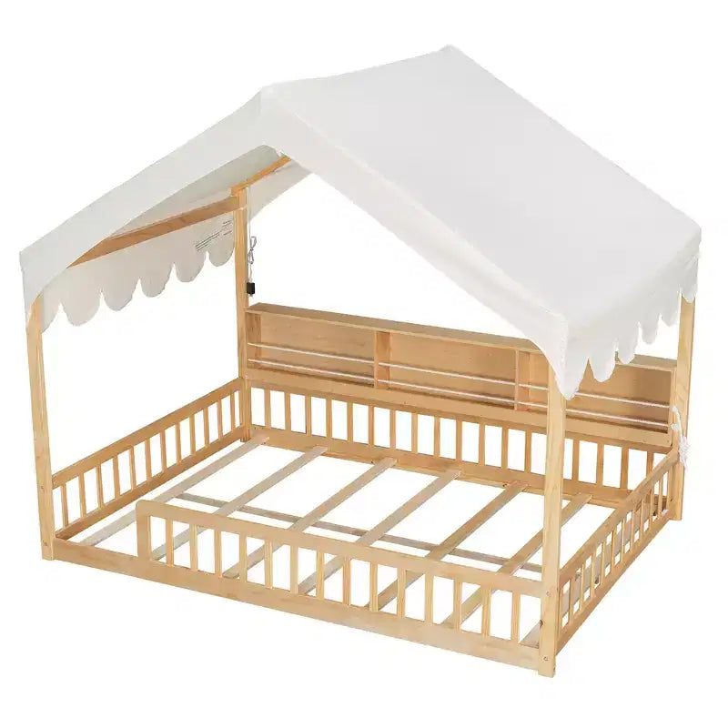 Cadre de lit en bois pleine taille au ras du sol, lit de repos en forme de maison avec clôture, 3 étagères de rangement, rideau