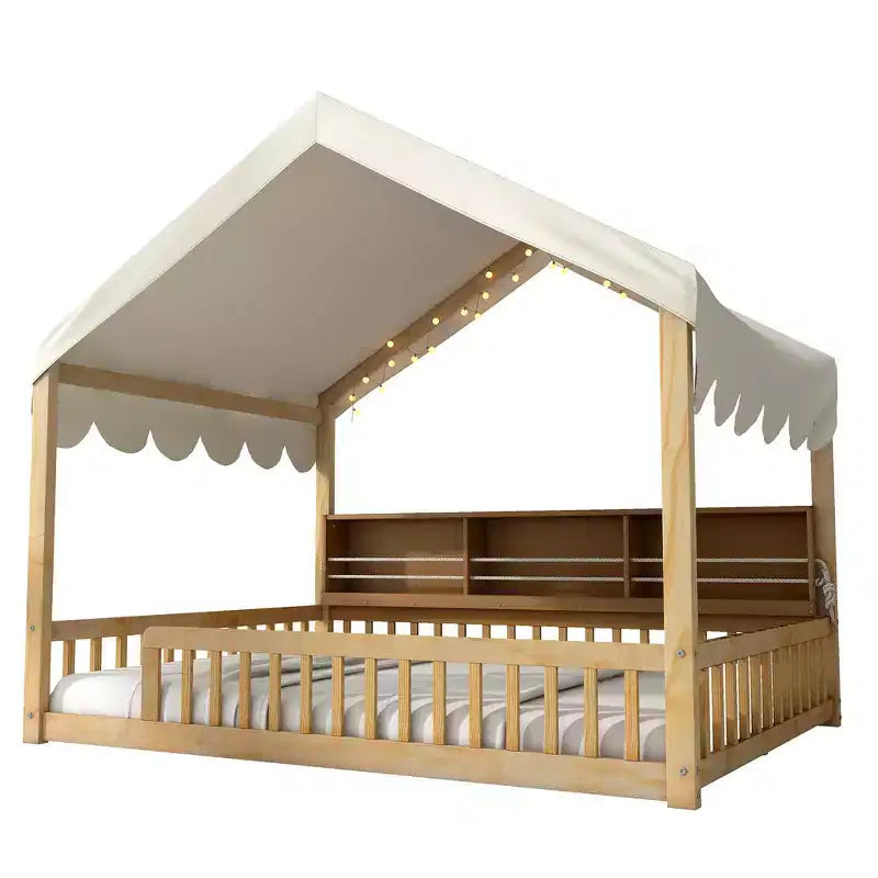 Cadre de lit en bois pleine taille au ras du sol, lit de repos en forme de maison avec clôture, 3 étagères de rangement, rideau