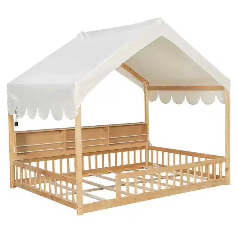 Cadre de lit en bois pleine taille au ras du sol, lit de repos en forme de maison avec clôture, 3 étagères de rangement, rideau
