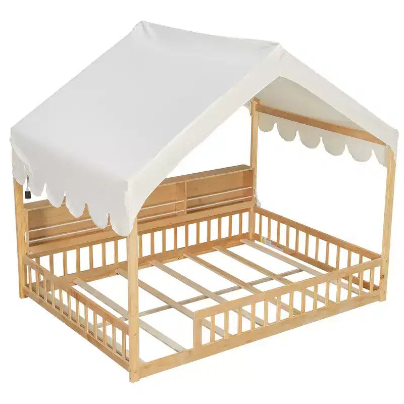 Cadre de lit en bois pleine taille au ras du sol, lit de repos en forme de maison avec clôture, 3 étagères de rangement, rideau