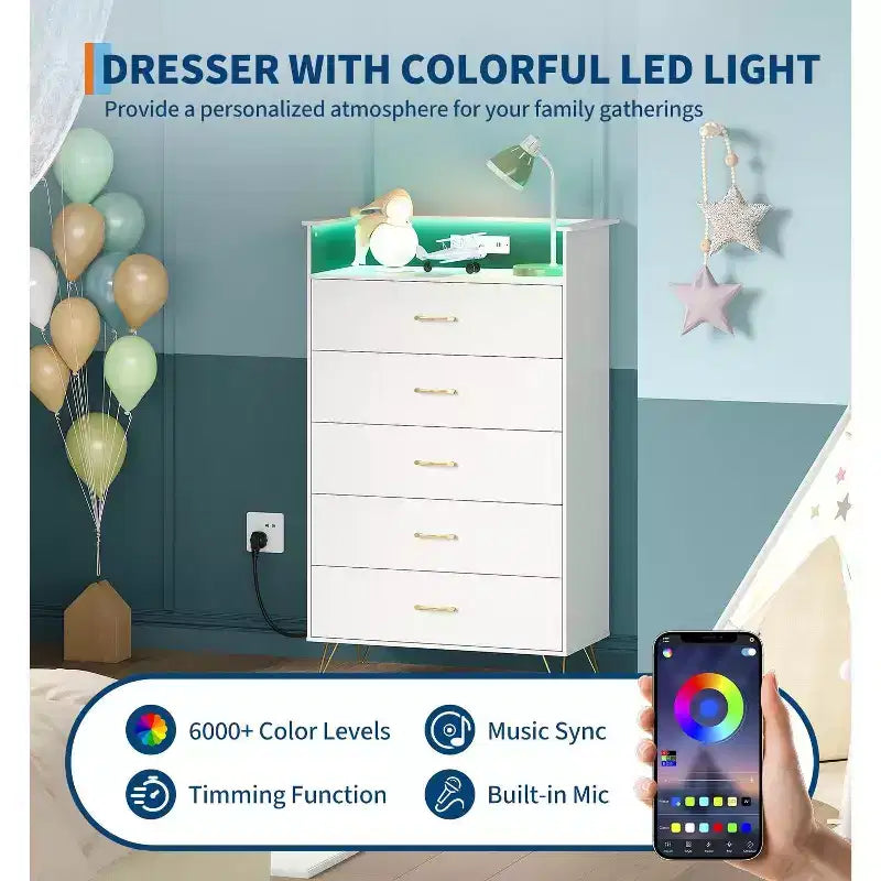 Commode intelligente à 5 tiroirs avec LED RVB et recharge, meuble de rangement contrôlé par application pour chambre et salon