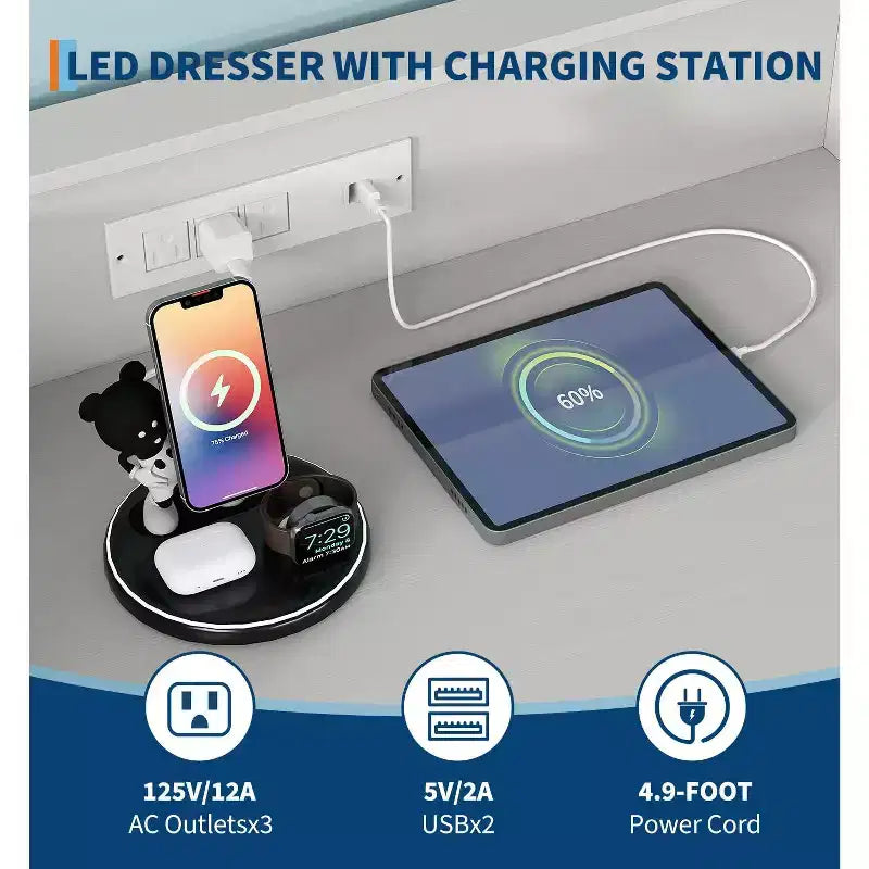 Commode intelligente à 5 tiroirs avec LED RVB et recharge, meuble de rangement contrôlé par application pour chambre et salon