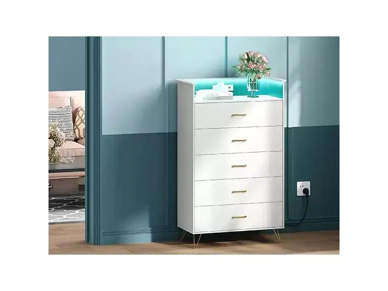Commode intelligente à 5 tiroirs avec LED RVB et recharge, meuble de rangement contrôlé par application pour chambre et salon