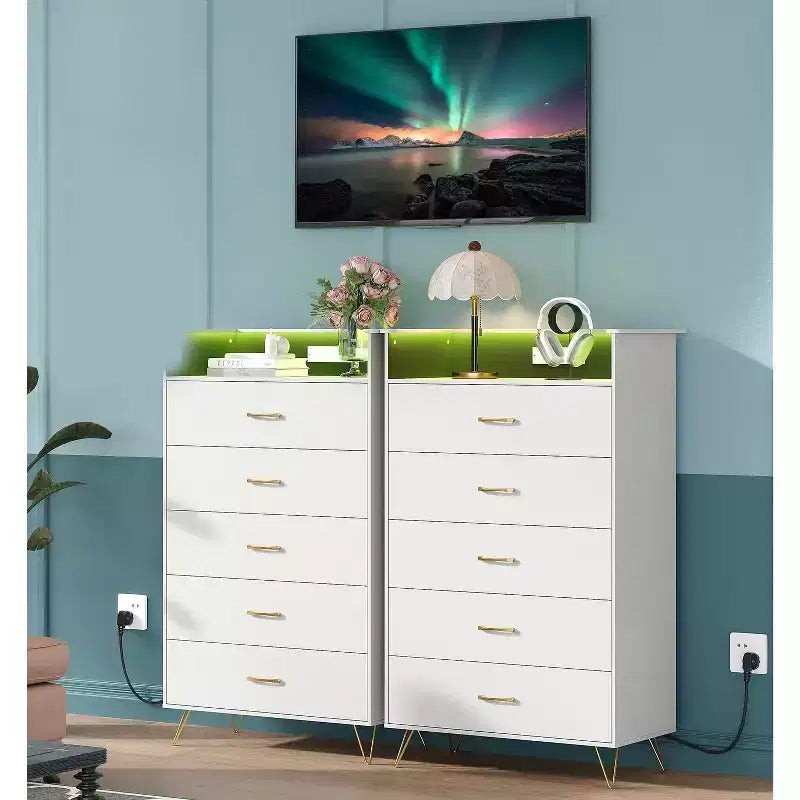 Commode intelligente à 5 tiroirs avec LED RVB et recharge, meuble de rangement contrôlé par application pour chambre et salon