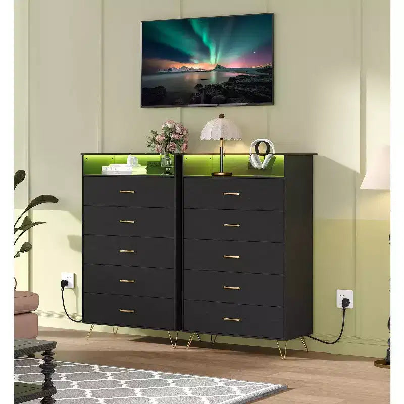 Commode intelligente à 5 tiroirs avec LED RVB et recharge, meuble de rangement contrôlé par application pour chambre et salon
