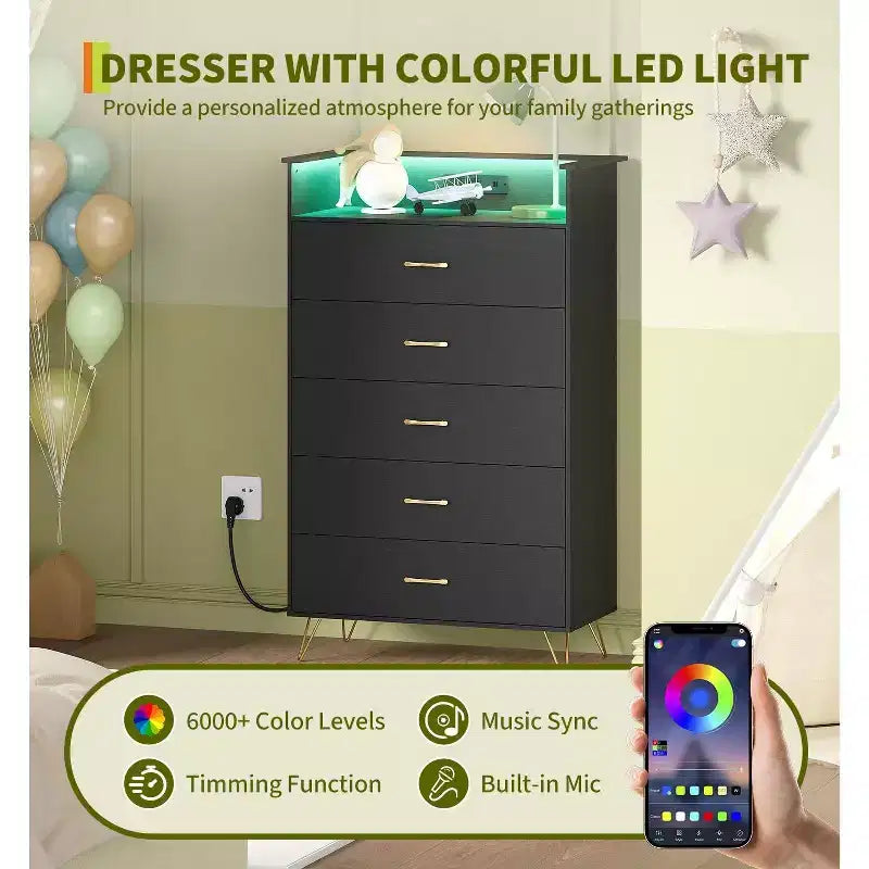 Commode intelligente à 5 tiroirs avec LED RVB et recharge, meuble de rangement contrôlé par application pour chambre et salon