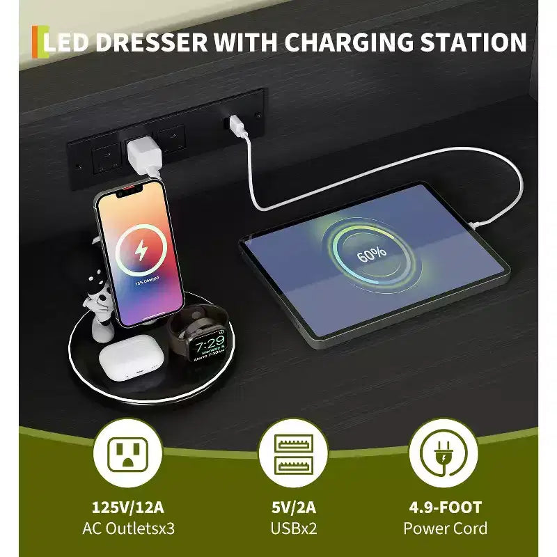 Commode intelligente à 5 tiroirs avec LED RVB et recharge, meuble de rangement contrôlé par application pour chambre et salon