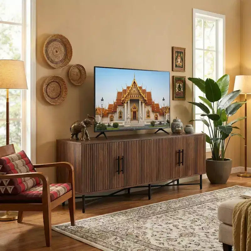 Meuble TV multimédia moderne médiéval avec quatre portes Comprend deux étagères de rangement réglables Convient aux téléviseurs jusqu'à 65 poucesChâtaigne