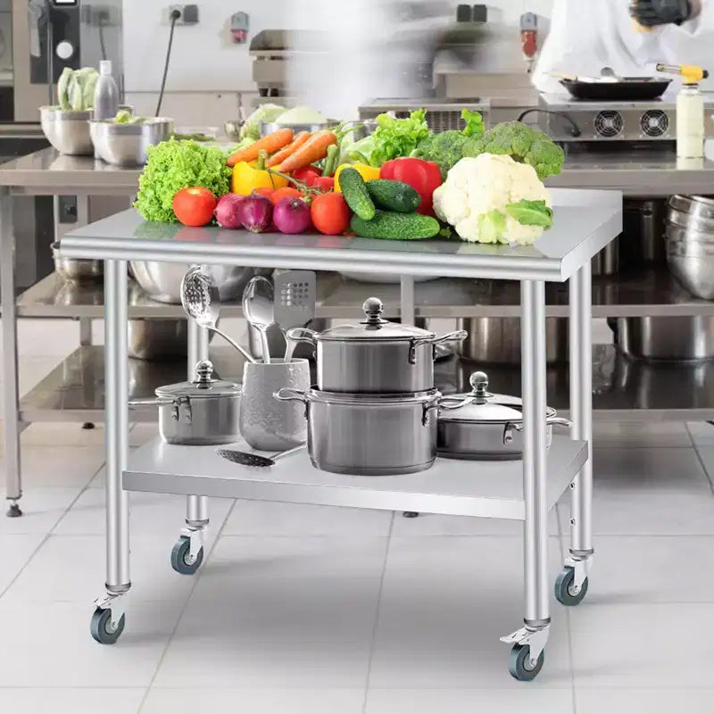 Table de préparation en acier inoxydable avec crédence, étagère inférieure réglable et 4 roulettes, table commerciale robuste avec étagère inférieure réglable