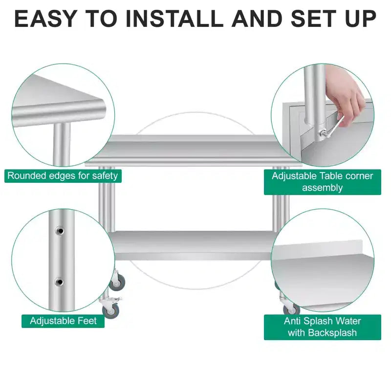 Table de préparation en acier inoxydable avec crédence, étagère inférieure réglable et 4 roulettes, table commerciale robuste avec étagère inférieure réglable