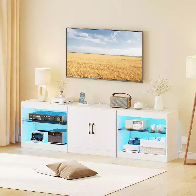 Meuble TV avec prises de courant, lumières LED réglables, meuble de rangement pour TV jusqu'à 85 pouces, noir/blanc