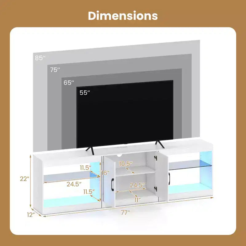 Meuble TV avec prises de courant, lumières LED réglables, meuble de rangement pour TV jusqu'à 85 pouces, noir/blanc