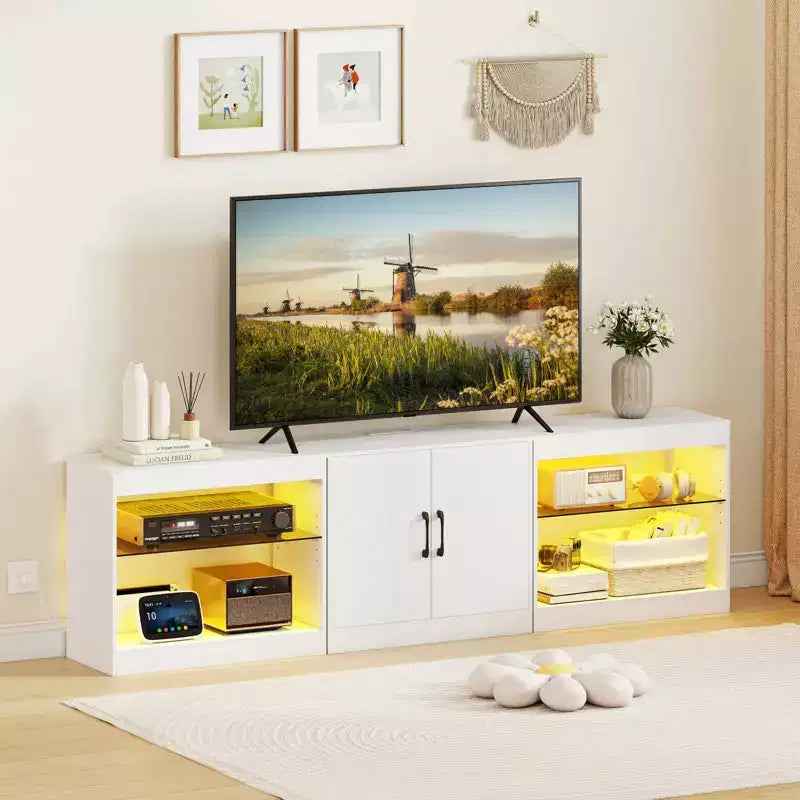 Meuble TV avec prises de courant, lumières LED réglables, meuble de rangement pour TV jusqu'à 85 pouces, noir/blanc