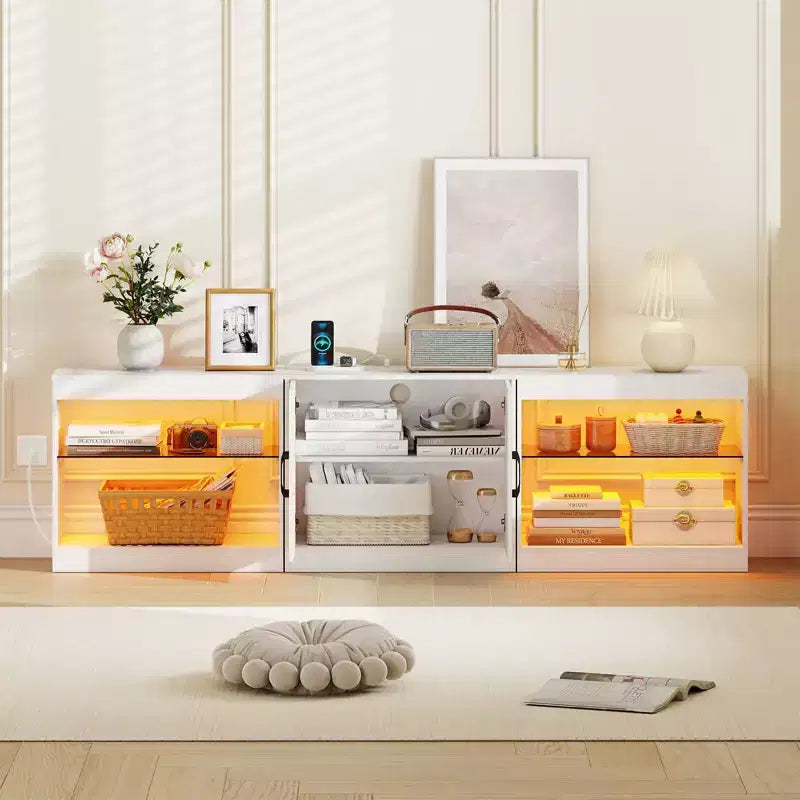 Meuble TV avec prises de courant, lumières LED réglables, meuble de rangement pour TV jusqu'à 85 pouces, noir/blanc