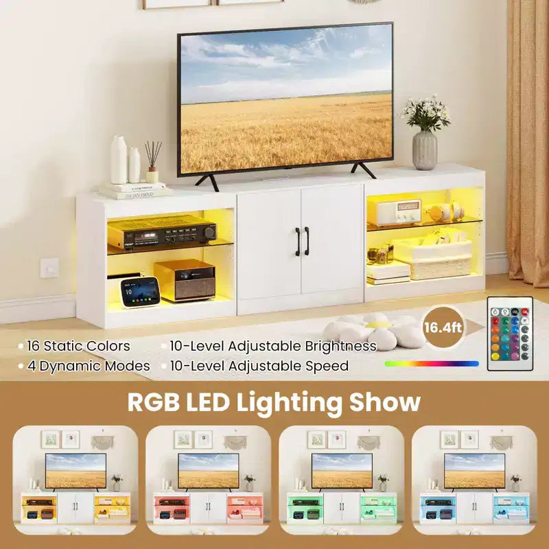 Meuble TV avec prises de courant, lumières LED réglables, meuble de rangement pour TV jusqu'à 85 pouces, noir/blanc