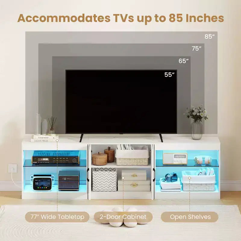 Meuble TV avec prises de courant, lumières LED réglables, meuble de rangement pour TV jusqu'à 85 pouces, noir/blanc