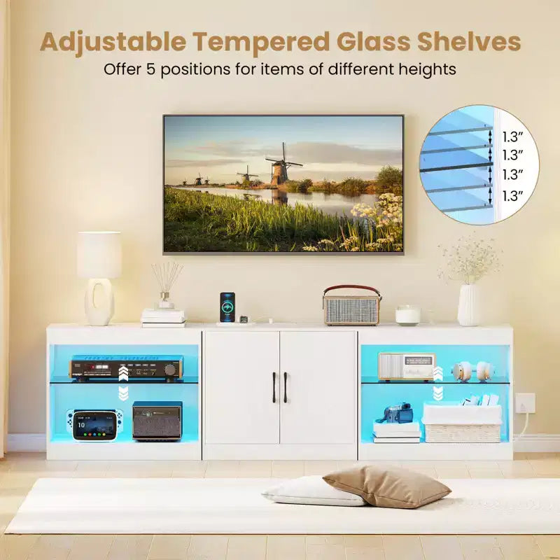 Meuble TV avec prises de courant, lumières LED réglables, meuble de rangement pour TV jusqu'à 85 pouces, noir/blanc